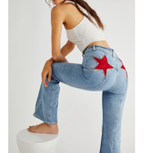Free People Firecracker Flare Jeans Star Appliqué Patch Back